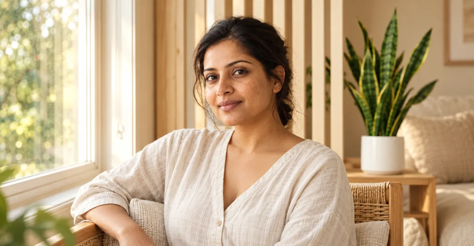 Illustrative portrait of a woman with natural skin texture and subtle pigmentation in soft daylight.