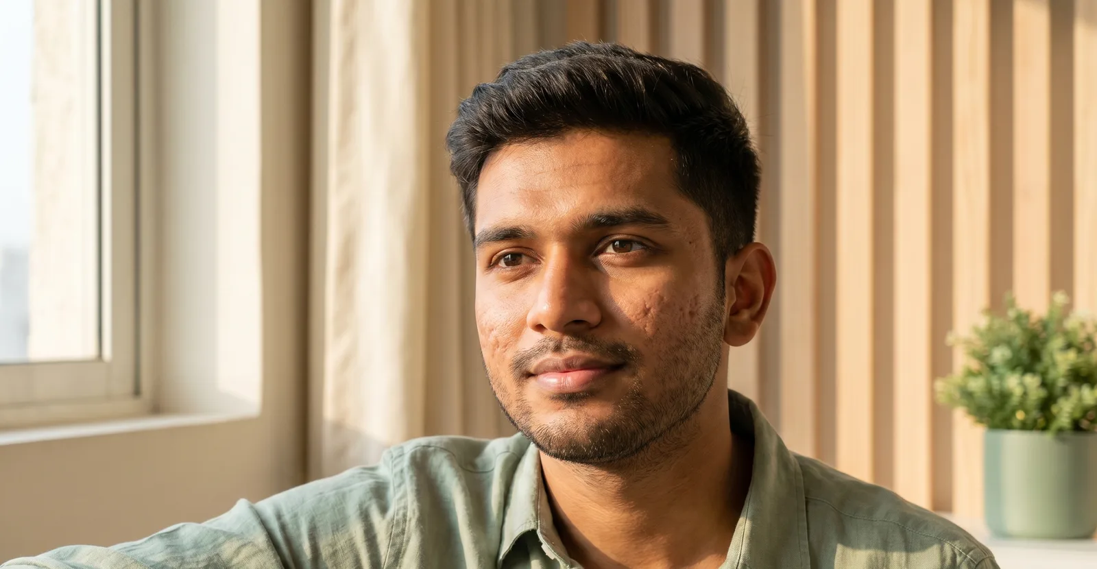 Close-up portrait of an Indian man with healed acne and visible textural scarring — calm dignified expression in warm window light.