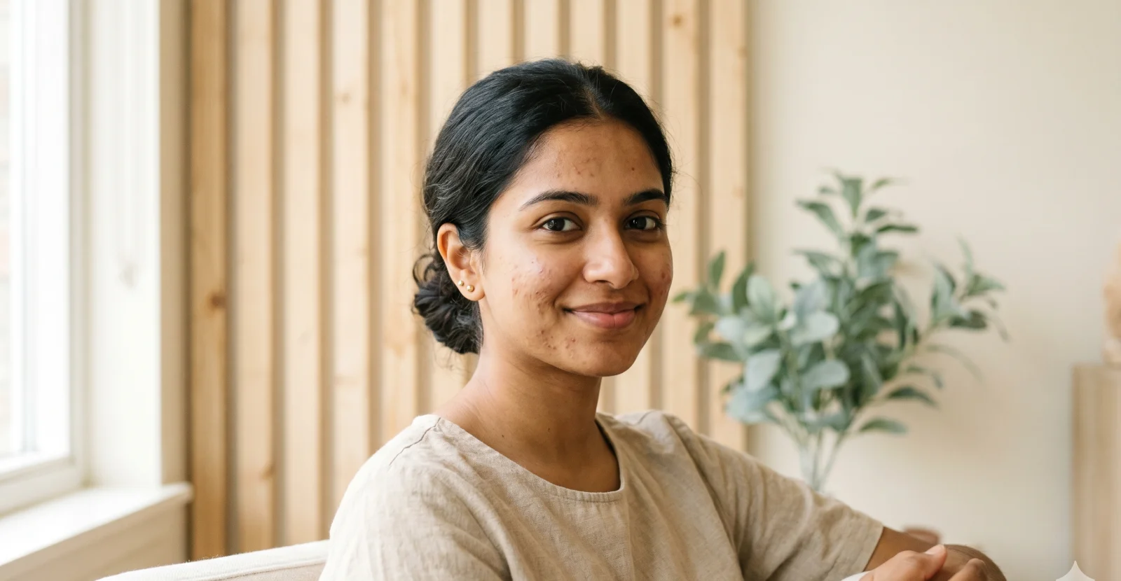 Calm portrait of a young Indian woman with naturally healing acne and faint marks.