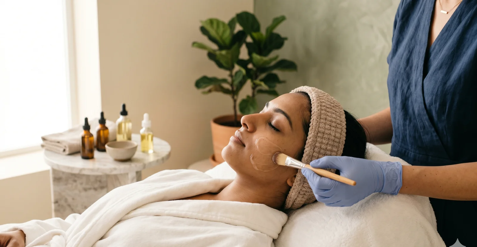 Patient receiving a gentle chemical peel at SkinWise Clinic — soft natural light, calm atmosphere.