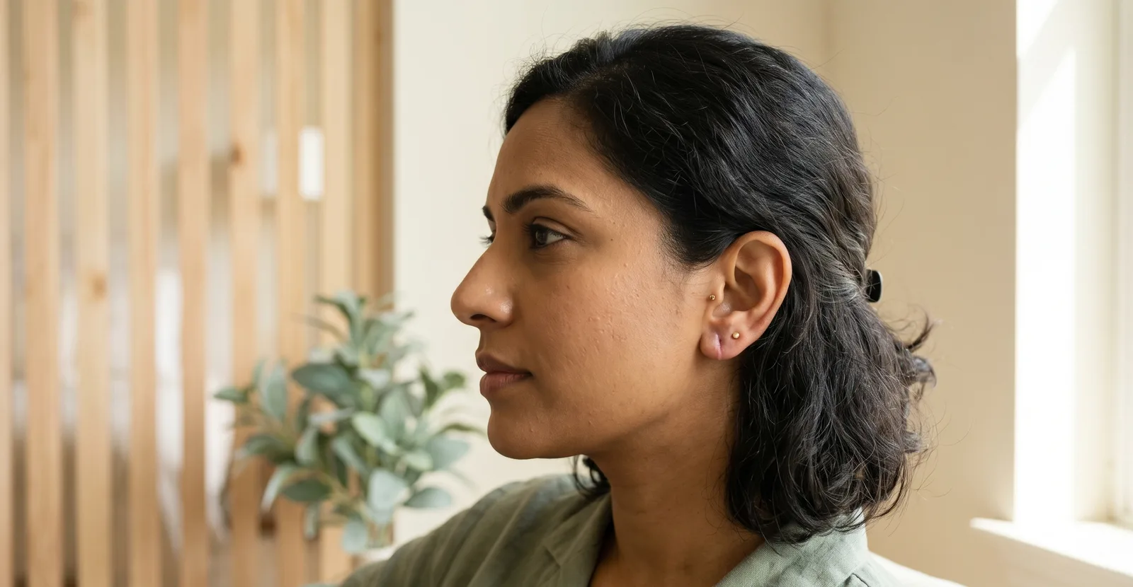 Soft close-up of an Indian woman’s ear with a healed earlobe, warm natural light, calm wellness portrait.