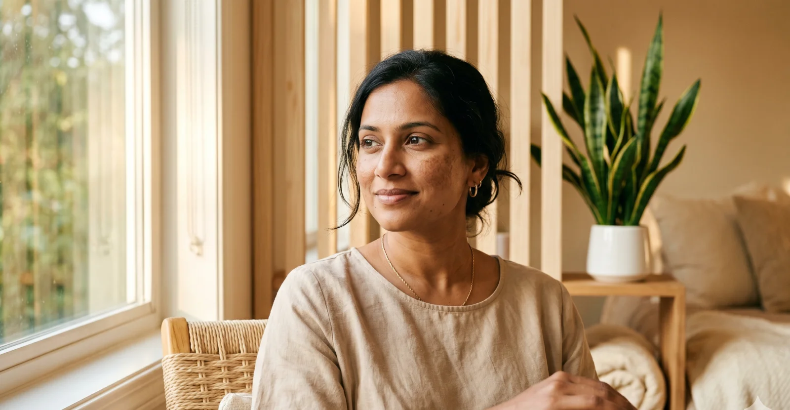 Indian woman with natural melasma on cheeks, soft afternoon light, calm dignified portrait.