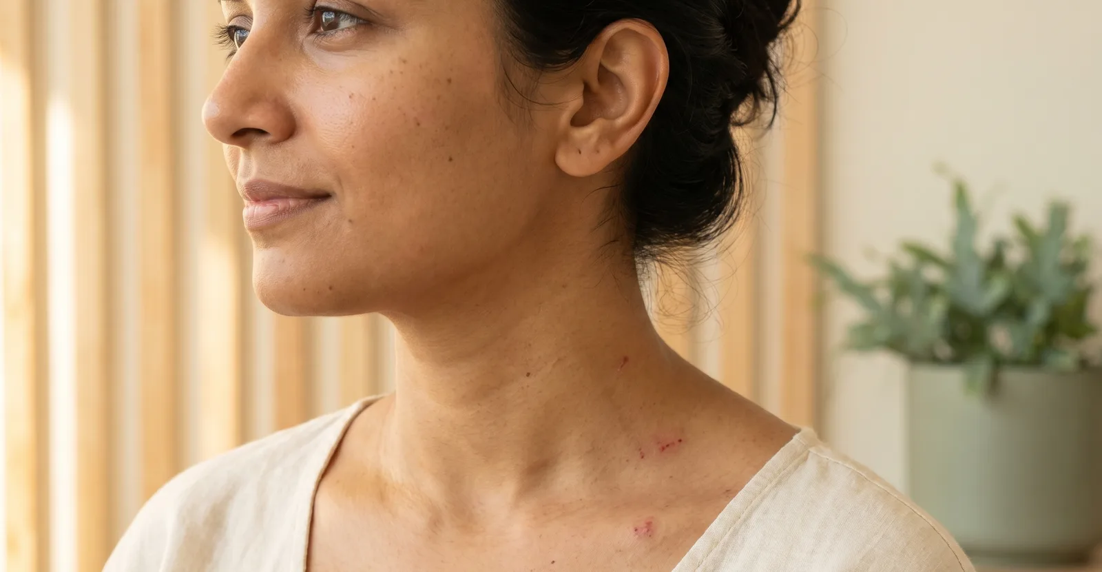 Soft close-up of an Indian woman’s neck and shoulder with calm natural skin, warm natural light, wellness portrait.